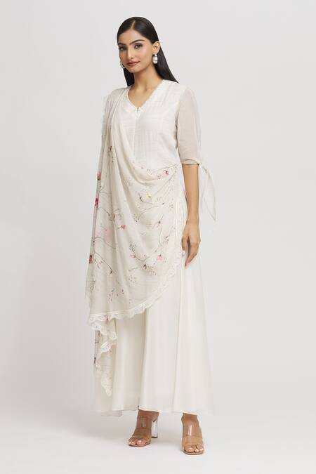 Buy_Whimsical By Shica_Ivory Cotton, Silk Embroidery V-neck Draped Jumpsuit _Online_at_Aza_Fashions
