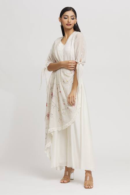 Shop_Whimsical By Shica_Ivory Cotton, Silk Embroidery V-neck Draped Jumpsuit _Online_at_Aza_Fashions