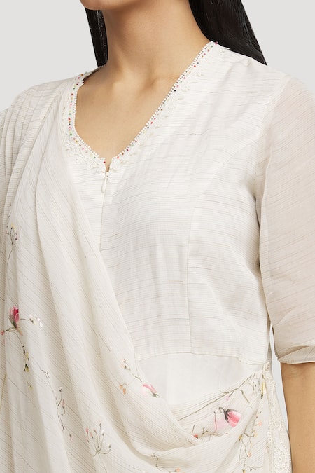 Whimsical By Shica_Ivory Cotton, Silk Embroidery V-neck Draped Jumpsuit _at_Aza_Fashions