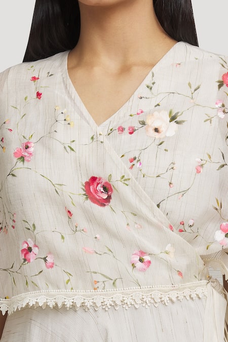 Shop Whimsical By Shica Ivory Cotton, Silk Embroidery V-neck Floral Hand Painted Cape Dress Online at Aza Fashions Shop_Whimsical By Shica_Ivory Cotton, Silk Embroidery V-neck Floral Hand Painted Cape Dress _Online_at_Aza_Fashions