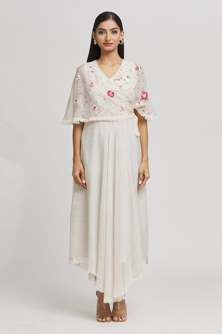 Whimsical By Shica Ivory Cotton, Silk Embroidery V-neck Floral Hand Painted Cape Dress at Aza Fashions Whimsical By Shica_Ivory Cotton, Silk Embroidery V-neck Floral Hand Painted Cape Dress _at_Aza_Fashions