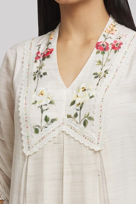 Whimsical By Shica_Ivory Cotton, Silk Embroidery V-neck Stripe Woven Dress _Online_at_Aza_Fashions