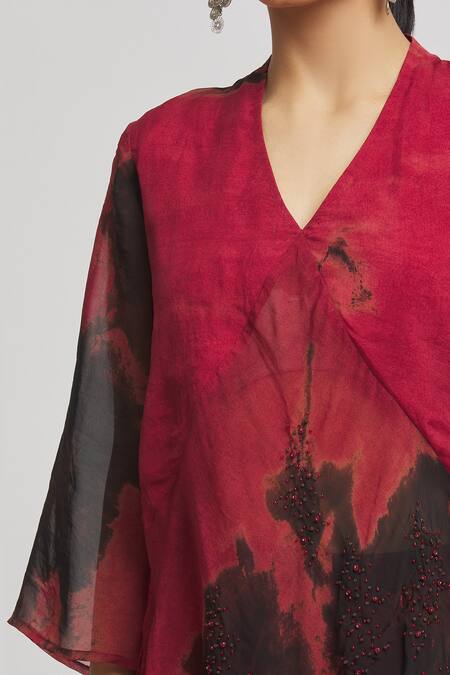 Whimsical By Shica Pink Organza Beads, Embroidery V-neck Tie Dye Top And Pant Set Online at Aza Fashions Whimsical By Shica_Pink Organza Beads, Embroidery V-neck Tie Dye Top And Pant Set _Online_at_Aza_Fashions