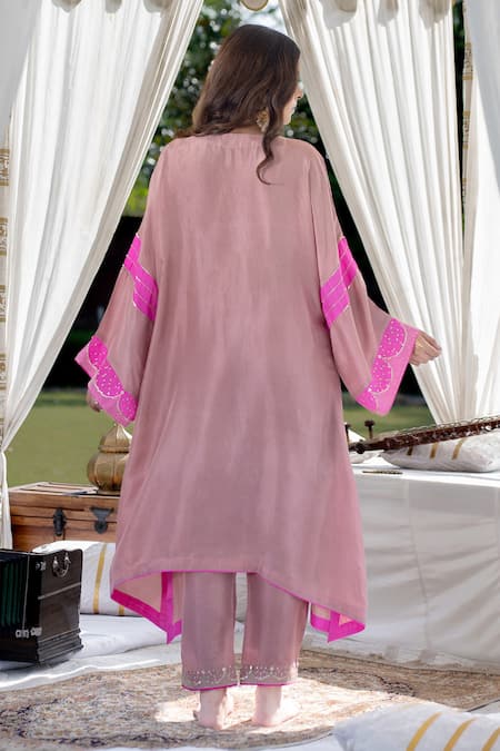 Shop_Kacha Tanka_Pink Silk Sequins, Embroidery Round Neck Kaftan Kurta Palazzo Set _at_Aza_Fashions