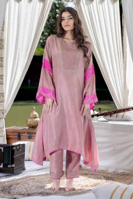 Kacha Tanka_Pink Silk Sequins, Embroidery Round Neck Kaftan Kurta Palazzo Set _Online_at_Aza_Fashions