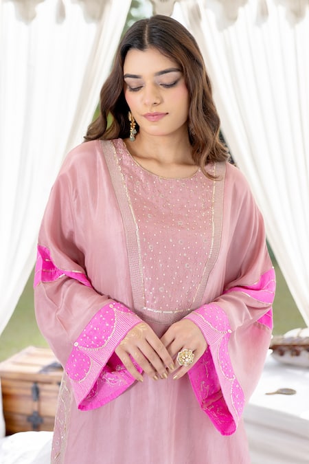 Shop_Kacha Tanka_Pink Silk Sequins, Embroidery Round Neck Kaftan Kurta Palazzo Set _Online_at_Aza_Fashions