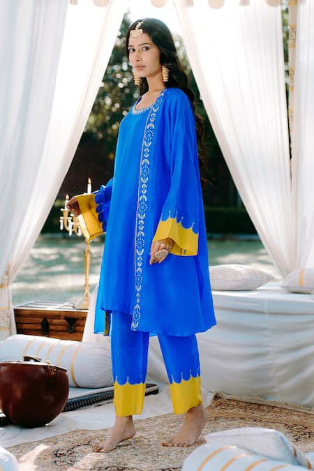 Kacha Tanka_Blue Pure Silk Embroidered Sequin Round Kurta Set With Jacket _Online_at_Aza_Fashions