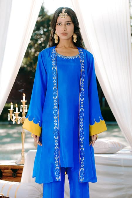 Buy_Kacha Tanka_Blue Pure Silk Embroidered Sequin Round Kurta Set With Jacket _Online_at_Aza_Fashions