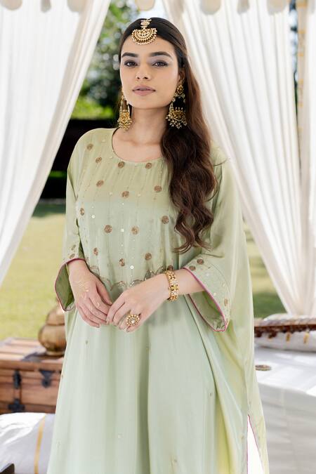 Kacha Tanka_Green Cotton, Modal Sequins Round Neck Embroidered Kaftan And Pant Set _Online_at_Aza_Fashions