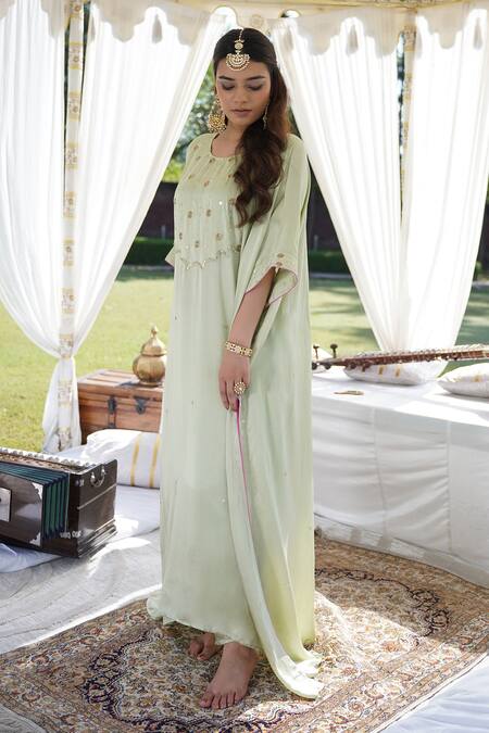 Buy_Kacha Tanka_Green Cotton, Modal Sequins Round Neck Embroidered Kaftan And Pant Set _Online_at_Aza_Fashions