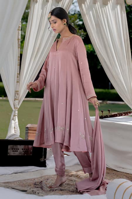 Kacha Tanka_Pink Cotton Modal Embroidered Sequin Notched Hand Kalidaar Kurta Salwar Set _Online_at_Aza_Fashions