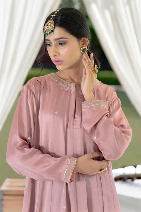 Buy_Kacha Tanka_Pink Cotton Modal Embroidered Sequin Notched Hand Kalidaar Kurta Salwar Set _Online_at_Aza_Fashions