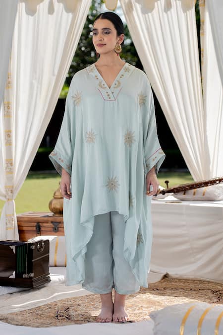 Kacha Tanka Blue Cotton Modal Embroidered Sequin Round And Aari Work Kaftan & Pant Set 