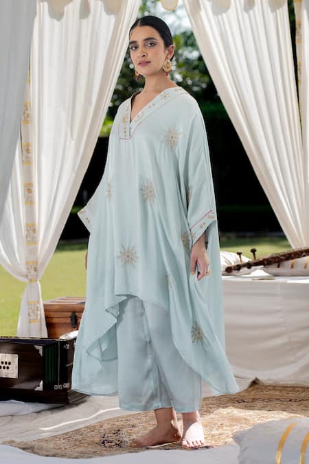 Kacha Tanka_Blue Cotton, Modal Sequins, Applique Round Neck And Aari Work Kaftan & Pant Set _Online_at_Aza_Fashions
