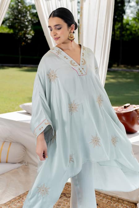 Buy_Kacha Tanka_Blue Cotton, Modal Sequins, Applique Round Neck And Aari Work Kaftan & Pant Set _Online_at_Aza_Fashions