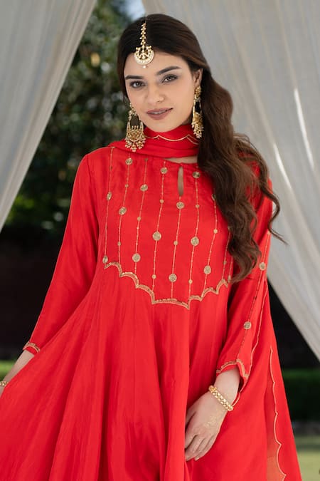 Kacha Tanka Red Embroidered Pure Silk Kalidaar Set 