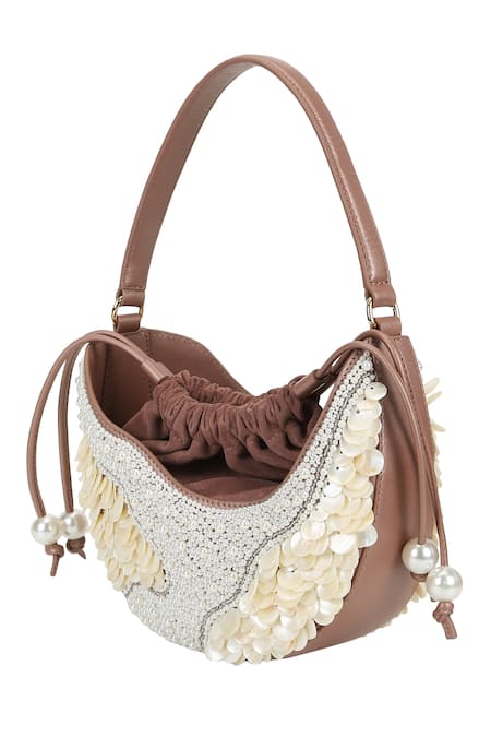 Buy_The Leather Garden_Brown Embellished Arshia Suede Pearl Bag _Online_at_Aza_Fashions
