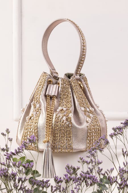 Buy The Leather Garden Gold Embellished Naaz Cutdana Potli Bag Buy_The Leather Garden_Gold Embellished Naaz Cutdana Potli Bag