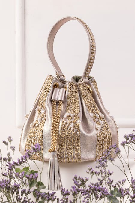Shop The Leather Garden Gold Embellished Naaz Cutdana Potli Bag Shop_The Leather Garden_Gold Embellished Naaz Cutdana Potli Bag