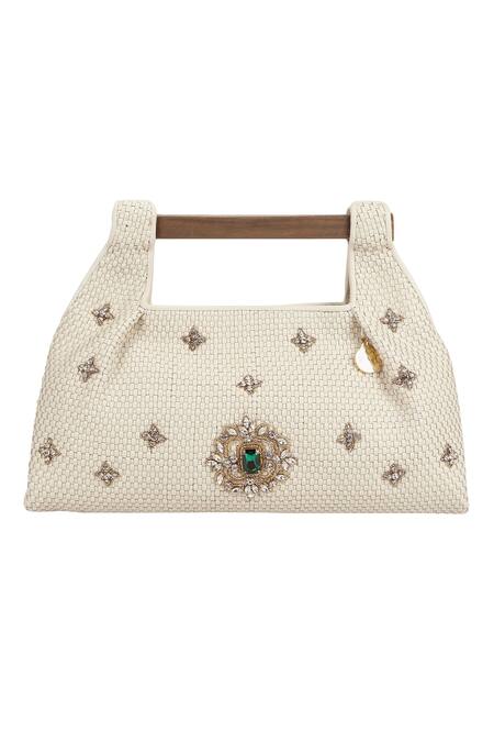 The Leather Garden_Ivory Embellished Nafisa Jewel Bag _Online_at_Aza_Fashions
