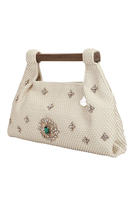 Buy_The Leather Garden_Ivory Embellished Nafisa Jewel Bag _Online_at_Aza_Fashions