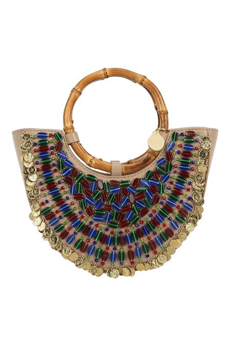 The Leather Garden_Beige Embellished Sabah Rhinestone Bag _Online_at_Aza_Fashions
