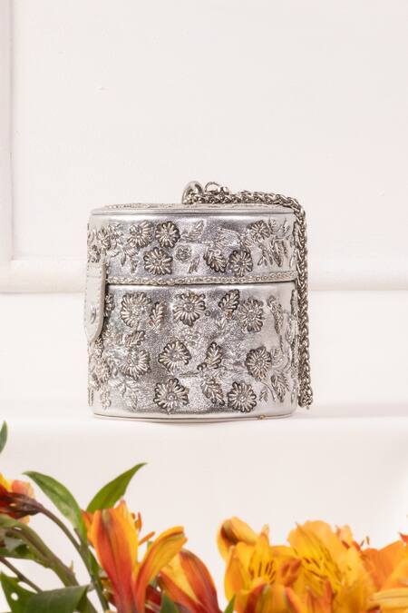 The Leather Garden_Silver Embellished Sabah Embroidered Potli Bag _Online_at_Aza_Fashions