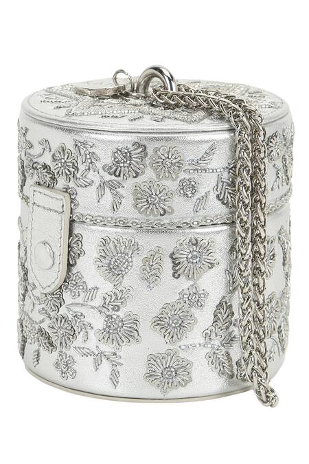 Shop_The Leather Garden_Silver Embellished Sabah Embroidered Potli Bag _Online_at_Aza_Fashions