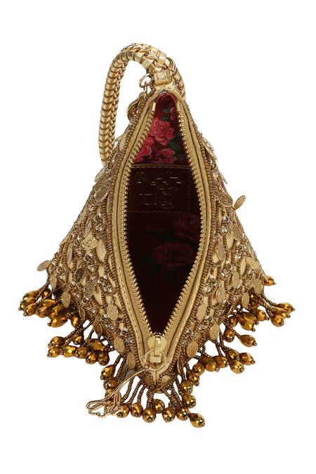 Shop_The Leather Garden_Gold Embellished Zarah Embroidered Potli Bag _Online_at_Aza_Fashions