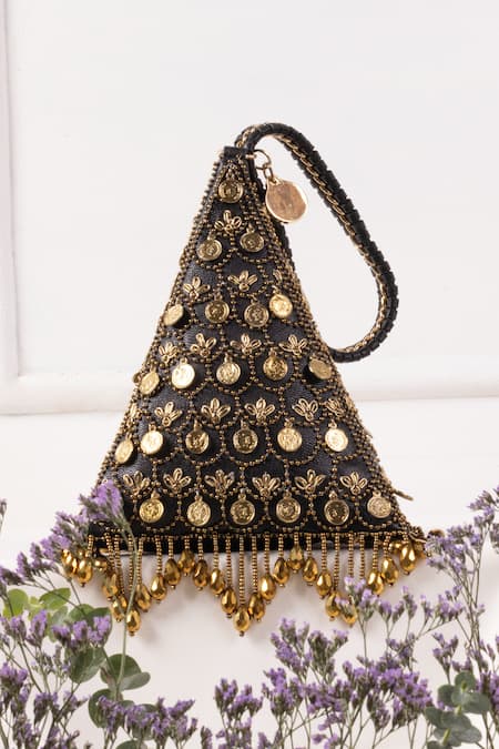 The Leather Garden Black Embellished Zoha Charm Potli Bag 