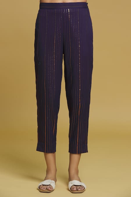 Naintara Bajaj_Blue Lurex Embroidery, Sequins Woven Balance Striped Blazer Jacket Pant Set _Online_at_Aza_Fashions