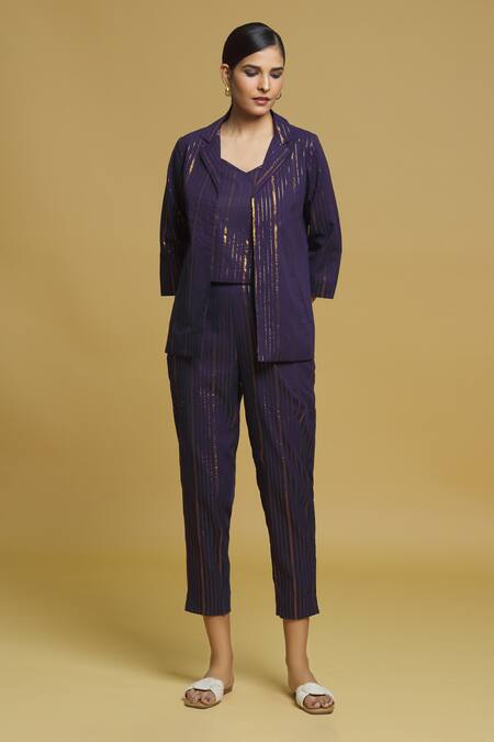 Buy_Naintara Bajaj_Blue Lurex Embroidery, Sequins Woven Balance Striped Blazer Jacket Pant Set _Online_at_Aza_Fashions