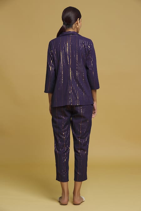 Naintara Bajaj Woven Lurex Balance Striped Blazer Jacket Pant Set 