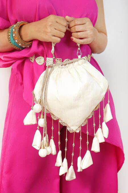 Soho Boho Studio By Aarti Thakur_White Embellished Silk Tassel Potli _Online_at_Aza_Fashions