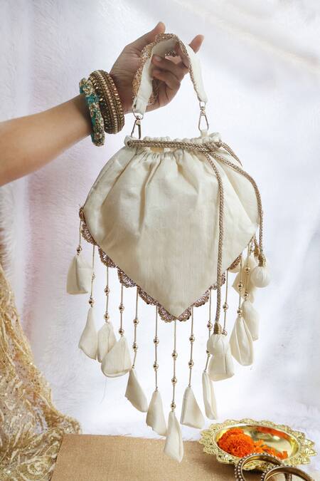 Buy_Soho Boho Studio By Aarti Thakur_White Embellished Silk Tassel Potli _Online_at_Aza_Fashions