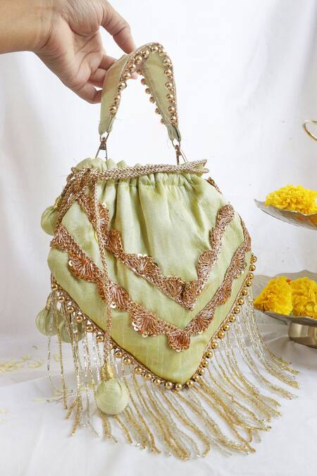 Soho Boho Studio By Aarti Thakur_Green Embroidered Silk Gota Embellished Potli _Online_at_Aza_Fashions