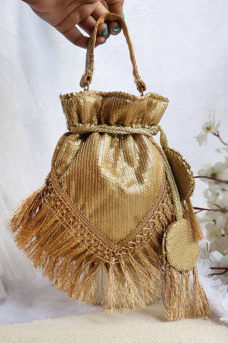 Soho Boho Studio By Aarti Thakur_Gold Sequins, Tassels Embellished Potli Bag _Online_at_Aza_Fashions