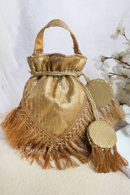 Buy_Soho Boho Studio By Aarti Thakur_Gold Sequins, Tassels Embellished Potli Bag _Online_at_Aza_Fashions