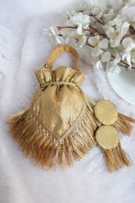 Shop_Soho Boho Studio By Aarti Thakur_Gold Sequins, Tassels Embellished Potli Bag _Online_at_Aza_Fashions