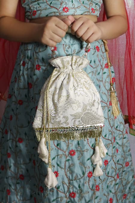 Buy_Soho Boho Studio By Aarti Thakur_White Sequins, Fringe Banarasi Silk Embellished Potli Bag _Online_at_Aza_Fashions