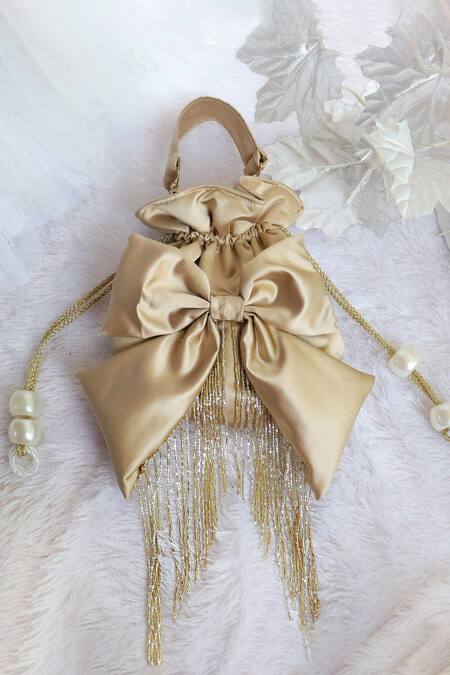 Soho Boho Studio By Aarti Thakur_Gold Tassels, Bows Cutbead Potli Bag _Online_at_Aza_Fashions