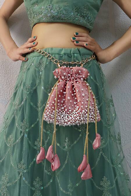 Shop_Soho Boho Studio By Aarti Thakur_Pink Pearls Silk Embellished Potli _Online_at_Aza_Fashions