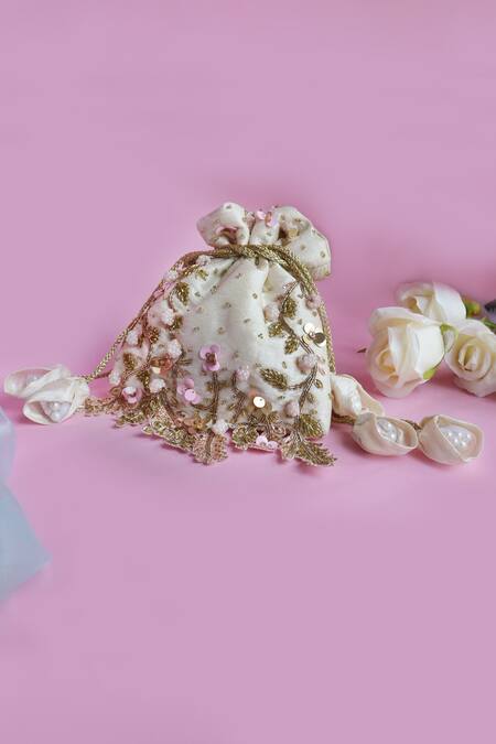 Soho Boho Studio By Aarti Thakur_White Embroidery, Pearls, Crystals Silk Floral Embellished Potli _Online_at_Aza_Fashions