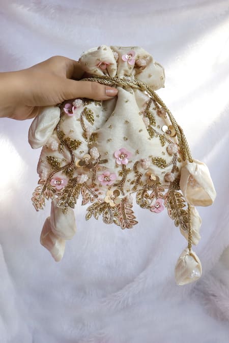 Shop_Soho Boho Studio By Aarti Thakur_White Embroidery, Pearls, Crystals Silk Floral Embellished Potli _Online_at_Aza_Fashions