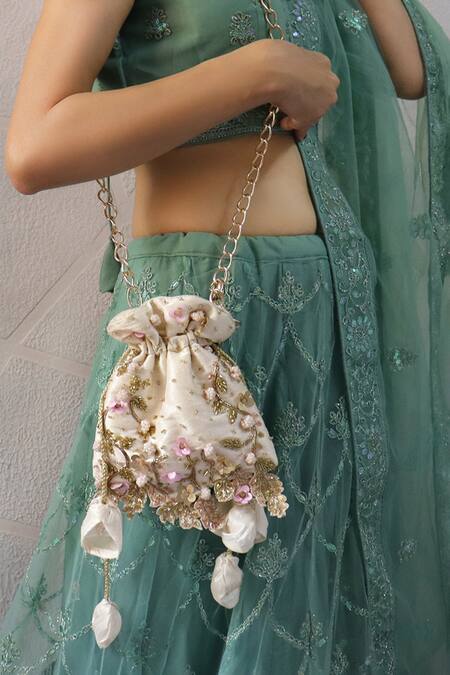 Buy_Soho Boho Studio By Aarti Thakur_White Embroidery, Pearls, Crystals Silk Floral Embellished Potli 