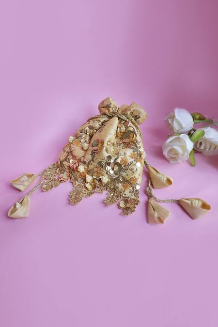 Soho Boho Studio By Aarti Thakur_Gold Embroidery, Beads Silk Floral Embellished Potli _Online_at_Aza_Fashions