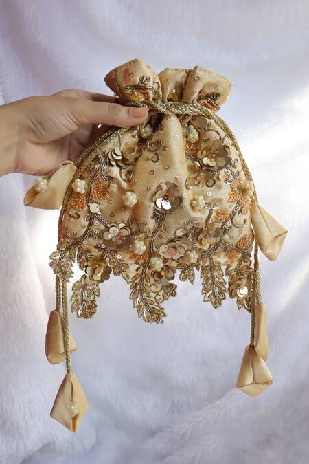 Shop_Soho Boho Studio By Aarti Thakur_Gold Embroidery, Beads Silk Floral Embellished Potli _Online_at_Aza_Fashions