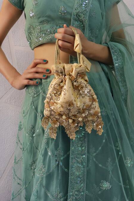 Soho Boho Studio By Aarti Thakur_Gold Embroidery, Beads Silk Floral Embellished Potli _at_Aza_Fashions