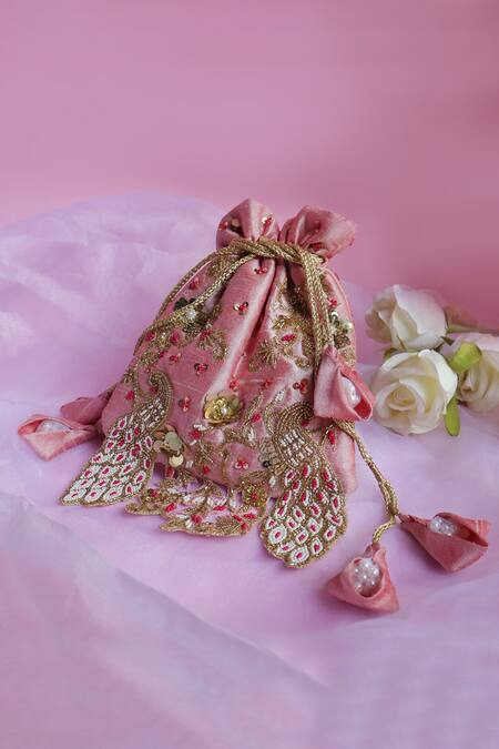 Soho Boho Studio By Aarti Thakur_Pink Pearls, Crystals Silk Peacock Embellished Potli _Online_at_Aza_Fashions