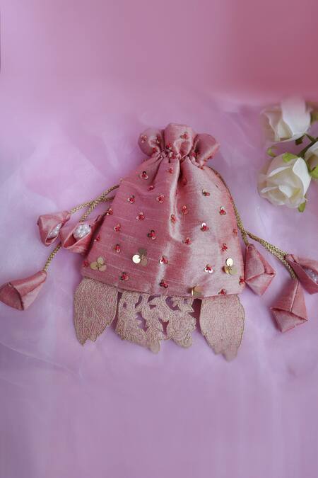 Buy_Soho Boho Studio By Aarti Thakur_Pink Pearls, Crystals Silk Peacock Embellished Potli _Online_at_Aza_Fashions